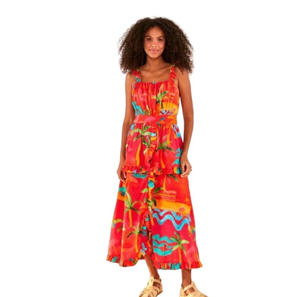 Farm Rio Ipanema Midi‎ Ruffle Dress Red Tropical Print S